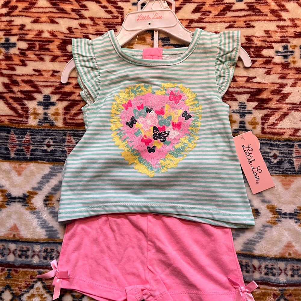 Little Lass Two Piece Set - Aqua and White Striped with Pink Shorts
